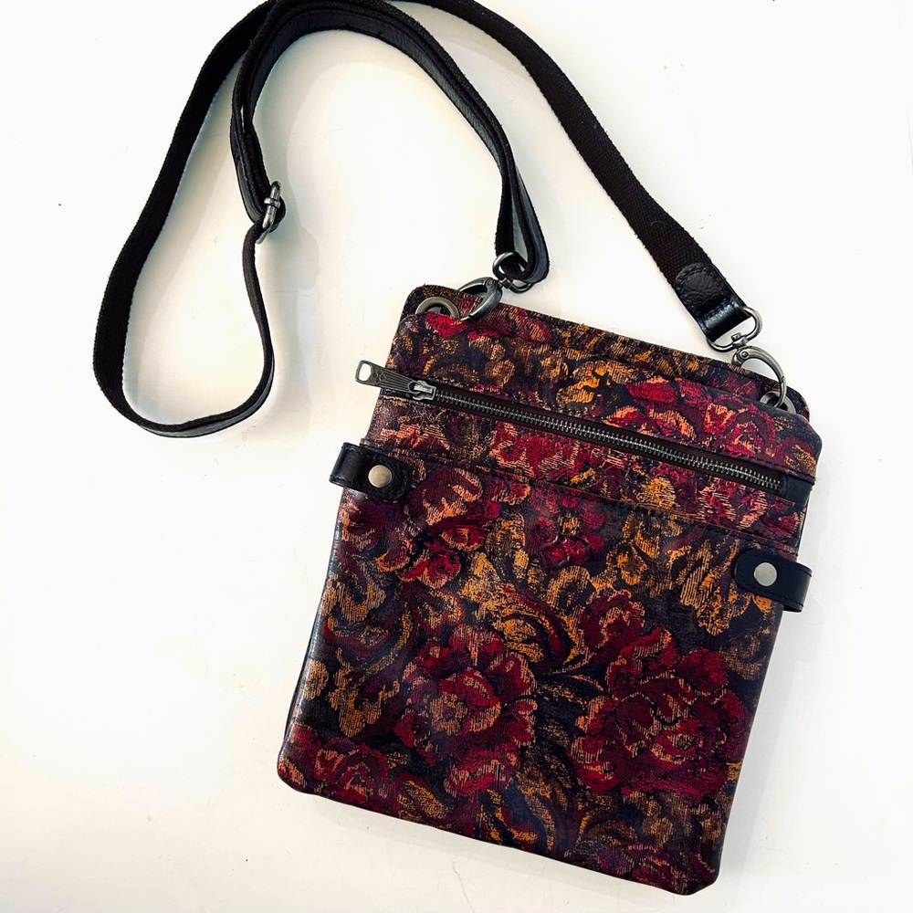 Patricia Nash Floral Leather Crossbody Bag in Rich Winter Tones. Gently Used.